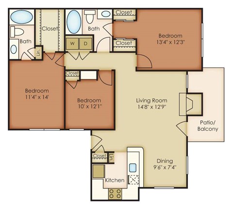 Floor plan for 3 beds, 2 baths, 1256 sqft